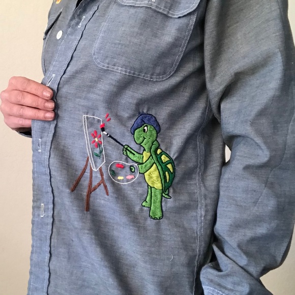 60s vintage hand embroidered denim shirt - Picture 3 of 8